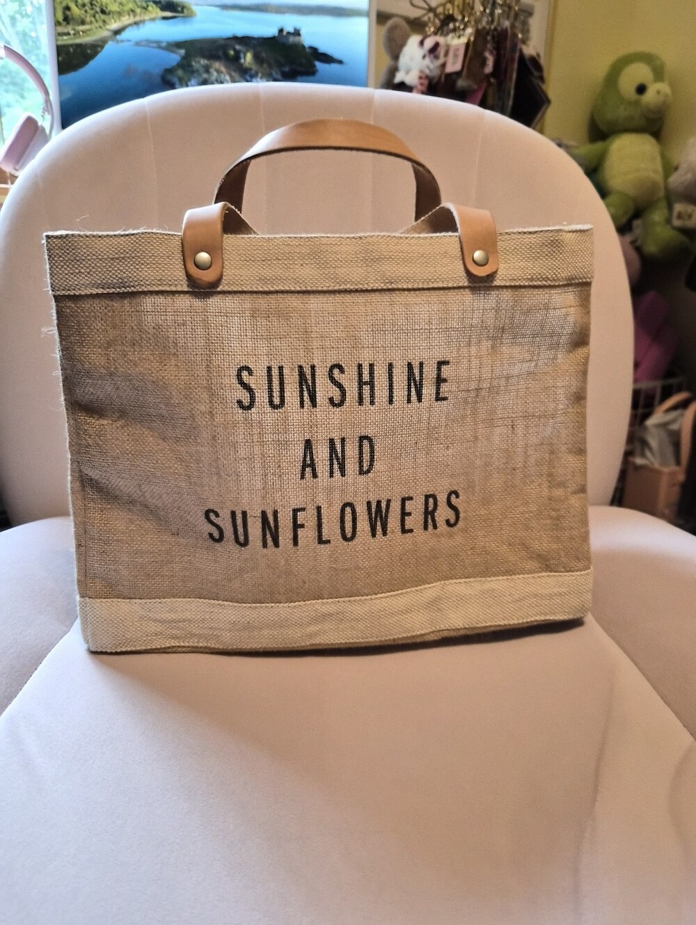 Apolis Custom Sunshine and Sunflowers Jute Tote Bag - Tan with Brown Handles